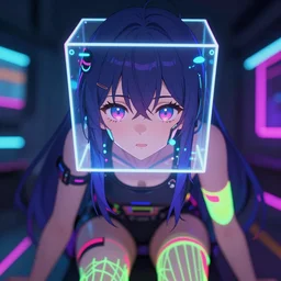 isekai cyber neon anime waifu girl wearing neon stockings. cyber cube symmetrical face. symmetrical detailed defined eyes. beautiful lineart. bokeh pixiv # 1 ranking depth focus, chromatic aberration, noise, soft lighting, srgb, 4 k, cinematic rembrant kuvshinov ross tran craig mullins leyendecker wlop guweiz
