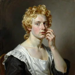 Painting of lucius as a French maid, blond drill curls, androgynous prince, pale porcelain skin, by Leyendecker and Norman Rockwell
