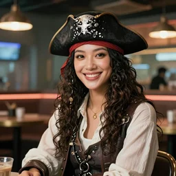 a high quality portrait of Lucy Alexis Liu smiling as a pirate in a cyberpunk cyberpunk cyberpunk cafe, realism, 8k, award winning photo