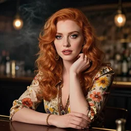 sophisticated portrait of Christina Hendricks, 1960s flower power hippy, very smoky bar, elegance, highly detailed, shallow depth of field, Artstation, Artgerm, Donato Giancola and Joseph Christian Leyendecker