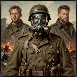 masterpiece elite world war propaganda poster daguerreotype, hyper detailed portrait of a post - apocalyptic soldier with breathing mask, wasteland landscape, art style by roy krenkel, melissa houpert, zdizslaw beksinski, trending on artstation, 8 k, intricate, dramatic lighting, majestic