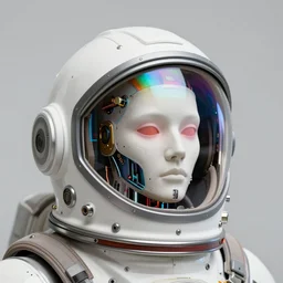 portrait of a biomechanical head inside a futuristic space helmet, vintage transistors, white metal, iridescent visor,  art by Ruan Jia,