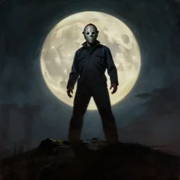 portrait, jason voorhees standing on a giant hill, powerful pose, scary, horror, giant moon, dramatic sky, shadows on side, cinematic, side light, backlighting, oil painting by frazetta