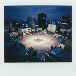a town square in the future designed by ryoji ikeda, photograph, polaroid