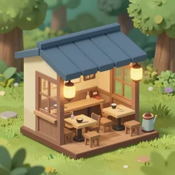 outside view of miniature classy ramen shop with chinese lamps, table and chairs, situated in an enchanted forest, studio ghibli style, hayao miyazaki drawings, spirited away, clean, low poly art, detailed, isometric view, artstation, behance, global illumination, 3 d illustration, kawaii, pastel colors