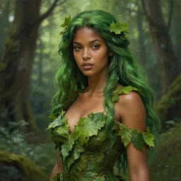 portrait of a forest mage, female, delicated face, dress made of green leaves, gorgeous, green hair, brown skin, curves, forest background, smooth, sharp focus, digital painting, artgerm and greg rutkowski and alphonse mucha