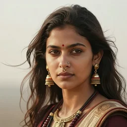 indian warrior, doutzen kroes, detailed perfect face, exquisite details, septum piercing!!!!, wind magic, mid view, design on a white background, by studio muti, greg rutkowski makoto shinkai takashi takeuchi studio ghibli