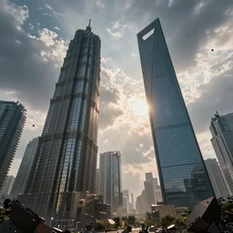 giant skyscrapers with debris and destruction falling from sky, mid air, with debris flying around