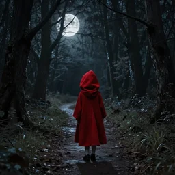 little red riding hood on dark moonlight forest path, darkwave, darksynth, concept art, sharp, digital matte painting, art by, greg rutkowski, wlop, dramatic lighting, trending on artstation