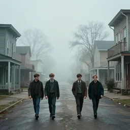 classic small american town street from the 8 0 - s teenagers walking sinister wood in the background with an mystical aura and foggy weather