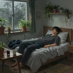 a man inside his bedroom with his jacket and coffee beside the table on a lazy rainy day and shelf full of plants, gloomy weather, highly detailed, digital painting, artstation, concept art, smooth, sharp focus, illustration, art by jon foster and james jean and artgerm and yuumei