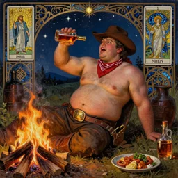 a dramatic, epic, ethereal painting of a !handsome! (very thicc) mischievous shirtless cowboy with a beer belly wearing a large belt and bandana offering a whiskey bottle | he is relaxing by a campfire | background is a late night with food and jugs of whisky | homoerotic | stars, tarot card, art deco, art nouveau, mosaic, intricate | by Mark Maggiori (((and Alphonse Mucha))) | trending on artstation