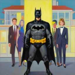 painting of batman designed by gucci and wes anderson, energetic, cinematic look, in the style of edward hopper, james jean, petra collins and mc. escher