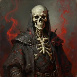 portrait of a skeletal mage, male emaciated, dead - eyed stare, wearing spikes and piercings, sigils, tattered robes, wisps of red smoke, painting by greg rutkowski and gustave dore
