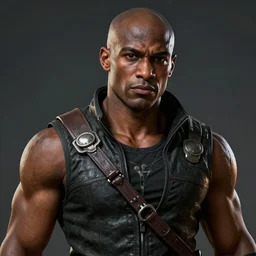 An epic fantasy comic book style portrait painting of a young dark skinned thief with broad shoulders and a bald head in a vest, unreal 5, DAZ, hyperrealistic, octane render, cosplay, RPG portrait, dynamic lighting