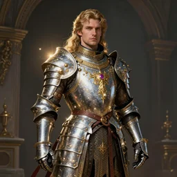 man in ornate suit of armor imbued with magic, fantasy, medieval, character design, single character concept art, medium shot,