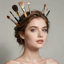 woman with a crown of artistic synthetic brushes in her hair