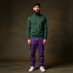 a young man with a chin - style dark brown beard without mustache in a dark black cap, green turtleneck, purple pants and super white sneakers in full height, perfect face, without mustache, mark vanderloo face, photography