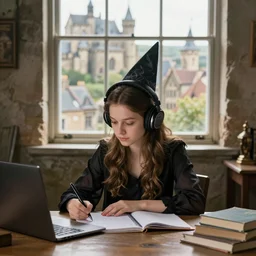 young witch with headphones doing homework at a desk next to a window with a medieval city outside