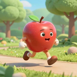 A humanoid apple running in a park, 3D render, in the style of Pixar