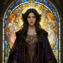 masterpiece head-on symmetrical centered painted portrait, Mahira Khan as D&D Mage, wearing wizard robes, no hands, glowing stained glass backdrop, elegant, in the style of Ruan Jia and Artgerm and Edgar Maxence and Ross Tran and Alphonse Mucha and Ayami Kojima and Charlie Bowater and Greg Rutkowski and Karol Bak and Jean Delville, Art Nouveau, Pre-Raphaelite, Neo-Gothic, gothic, 8k, specular highlights, octane render