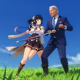 photorealistic Joe Biden meets a beautiful anime swordfighter girl with black hair and hime cut on a grassy hill with a deep blue sky in Genshin Impact, pixiv, game art, digital art, anime screenshot, kyoto animation, makoto shinkai, trending on artstation