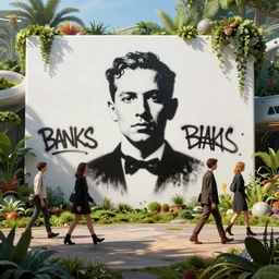 a solarpunk white plastic wall by john berkey, covered in graphitti by banksy, basquiat, cleon peterson, dramatic cinematic lighting, manicured solarpunk greenery, high fashion futuristic people walk past