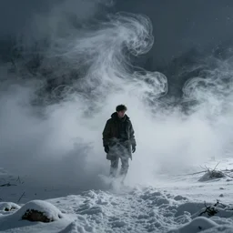 swirling streams of smoke and snow distort the view of a lost man, cinematic lighting, hyperrealistic