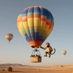 a hybrid of monkey with an extraterrestrial, landing in mars in a multi color hot air balon, by francis bancon