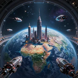 the inside of a domed earth with flying ships and starcities, ultrarealistic, canon 3 5 mm photography, 8 k, wide view, cinematic view, cinematic, 8 k, digital photo, unreal engine, colored paint, colorful paint, scary style, by atey ghailan, artstation