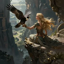A beautiful Norse heroine with long blonde hair on a ledge of deep abyss fantasy with a faulcon on her arm, tibet, vertiginous view and valley,  intricate, elegant, highly detailed, D&D, digital painting, artstation, concept art, matte painting, sharp focus, illustration, extremely moody lighting, glowing light and shadow, atmospheric, shadowy, cinematic, in the style of Greg Rutkowski and  roger deakins, paolo reversi, jim burn,  and Alphonse Mucha