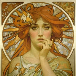 My version of the previous: detailed portrait art nouveau painting of Freya Allan as the goddess of the sun, with anxious, piercing eyes, by Alphonse Mucha, Michael Whelan, William Adolphe Bouguereau, John Williams Waterhouse, and Donato Giancola