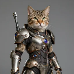 an anthropomorphic cat wearing intricately detailed sci fi armor