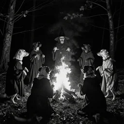 a creepy, horrifying, grainy photograph of dogs on their hind legs wearing robes performing an evil ritual in the woods at night. black and white, distorted, creepy, horror, vvitch, fire