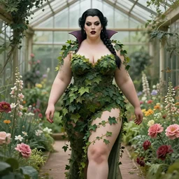 a stunning matte portrait of a thicc and voluptuous vampire dressed as a beautiful poison ivy with hair tied in a braid walking through a flowering garden, greenhouse in the background, dark eyeliner, intricate, elegant, highly detailed, digital painting, artstation, concept art, sharp focus, illustration, art by artgem and jugendstil and greg rutkowski and alphonse mucha, pixv