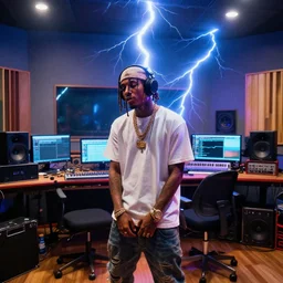 playboi carti in the studio recording his next song, colorized, global illumination, post processed, insane lightning, intense color correctiong, unreal engine 5, octane render, super high quality, quality, high quality, sharpened, noise grain, film grain, wide lens
