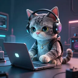 funky cyberpunk cat in headphones prooving that linux is better, using laptop, extremely detailed, cartoon wallpaper style, sharp focus, wide view, full body shot, smooth, digital illustration, by james jean, by rossdraws, frank franzzeta, mcbess, sakimichan, brosmin, danton fadeev, steve simpson