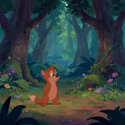 Movie frame from the coloured Disney animated motion picture released in 1956, beautiful enchanted forest full of