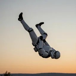 a full shot of the falling soldier, stormtrooper, sunset photo at golden hour, wide - angle lens, 3 5 mm, by robert capa, groundbreaking photography, pictorialism, realism