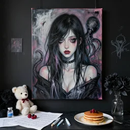 a portrait in a female artist's zen bedroom, black walls, emo girl with plushies, sheet music, berries, surgical supplies, pancakes, black flowers, sensual, octopus, neo - expressionism, surrealism, acrylic and spray paint and oilstick on canvas