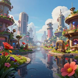 technologic city with flowers on a steampunk land by borderlands, smooth, cinematic, wet reflections, ray tracing x, rtx, smooth