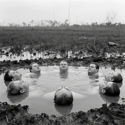 movie still by tarkovsky of obese heads floating in a mud pond, swamp backround, cinestill 8 0 0 t 3 5 mm b & w, heavy grain, high quality, noir, natural textures, photorealistic, ambient occlusion, hd, ultra wide lens, anamorphic