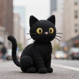 black cat in a city that is made of yarn