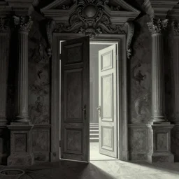 A door that opens to another dimension by Richard Corben, by by René Magritte, surrealism, gothic, baroque