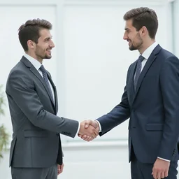 Two businessmen part of a megacorp are shaking hands in a very professional manner