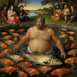 obese kobe fish in a pond full of slim kobe fish, detailed skin, by ambrosius benson, by fernando botero, a touch of giuseppe arcimboldo, realistic, renaissance, zoomed out, epic composition, japanese ceremony