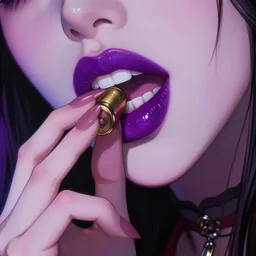 pouty lips of vampire woman holding a bullet her teeth. purple gloss by ilya kuvshinov, rossdraws global illumination anime, digital art rococo