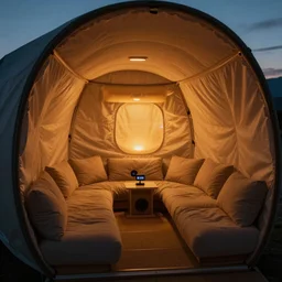 inside cozy luxurious curved sleep-pod with wall to wall padding and sound system, amber ambient lighting, atmospheric, seductive, XF IQ4, 150MP, 50mm, F1.4, ISO 200, 1/160s, dawn