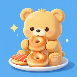 cute fluffy happy golden teddy bear eating bagels and lox for breakfast detailed vector art adobe illustrator 3 d 4 k illustration