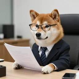 photo of a real shiba inu dog in a suit and glasses reading a document at a desk in his office. Highly detailed 8k. Intricate. Sony a7r iv 55mm. Award winning.